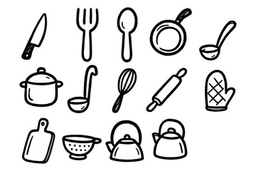 Hand drawn kitchen utensils set: iconic cooking tools in black and white