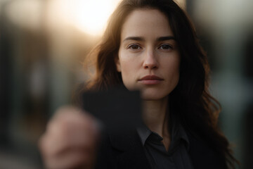 Fototapeta premium I dont know who this person is. Confident woman holding card outdoors, soft focus background