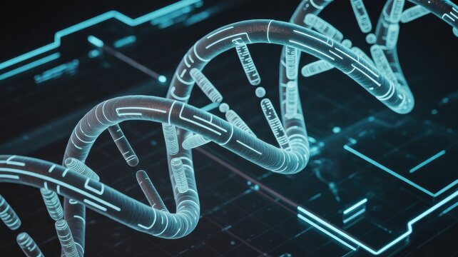 Futuristic Digital DNA Helix with Neon Blue Circuitry Background