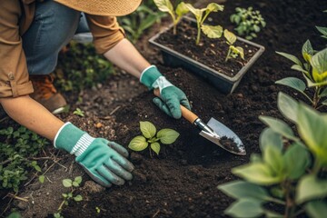 Hands planting saplings in rich soil a top-down view of gardening activity
