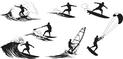 Water sports silhouettes, surfing, kiteboarding, windsurfing, wakeboarding action, ocean waves, extreme sport vector illustration