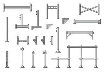 An array of gray metal scaffolding components with black outlines on a white background