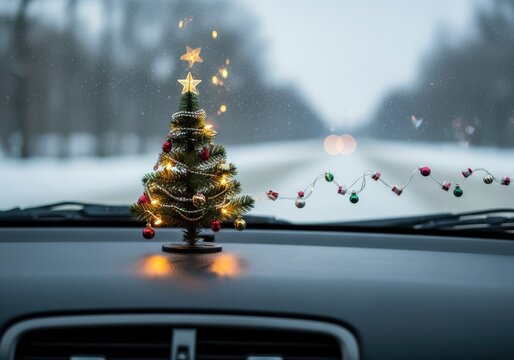 A small, decorated christmas tree with lights and ornaments sits on a car dashboard, illuminated by festive sparkles during a winter drive