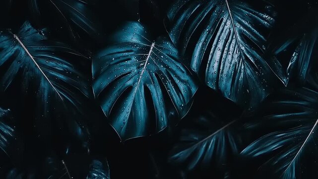 Deep teal monstera leaves, drenched in water droplets, create a moody, vibrant backdrop.