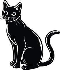 Elegant black cat silhouette in a graceful sitting pose isolated on white background isolated on transparent background