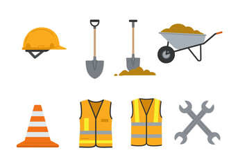 Construction elements include a helmet shovels wheelbarrow traffic cone safety vests and wrenches