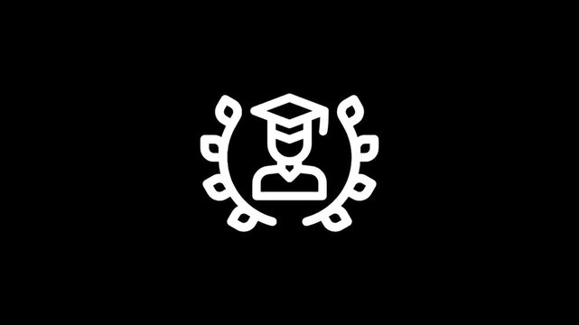 Graduation icon with laurel wreath on a black background.