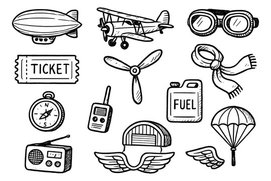 Vintage aviation elements in hand drawn style featuring planes and accessories