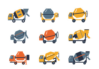 Nine cartoon cement mixers various styles and colors organized on a white background
