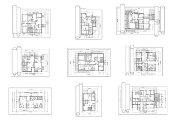 Nine rolledup architectural blueprints displayed in a 3x3 grid arrangement