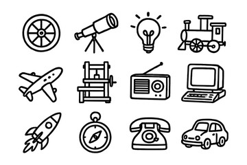 Hand drawn technology icons: retro devices and simple symbols collection