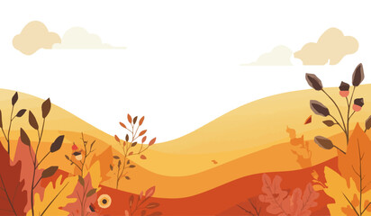 Vector design of autumn background with warm earthy tones of orange, yellow, and red, featuring simple flat design elements,