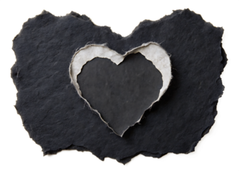 Heart Shaped Cutout In Dark Textured Paper With White Border torn ripped isolated on a transparent background