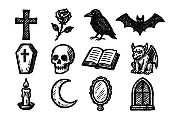 Hand drawn gothic halloween icons: skull, gargoyle, bat, and more