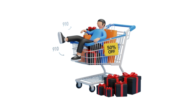 Man Relaxing in Shopping Cart with Gifts and 50% Off Sign