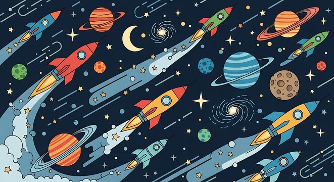 Colorful rockets and planets zoom across a vibrant night sky, creating a captivating cosmic scene.