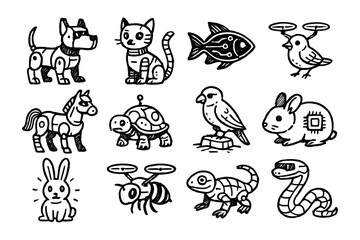 Hand-drawn robotic animals: unique black and white sketch collection