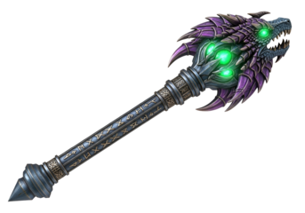 A magnificent dragon-headed staff, adorned with intricate carvings and glowing emerald eyes, presents a striking image of fantastical weaponry.