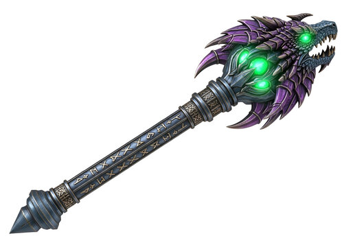 A magnificent dragon-headed staff, adorned with intricate carvings and glowing emerald eyes, presents a striking image of fantastical weaponry. - Powered by Adobe