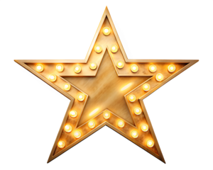 Illuminated Golden Star Marquee Sign with Warm Yellow Bulbs on light glowing isolated on a transparent background
