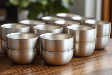 Aluminum bowls stacked neatly on wooden table minimalistic modern kitchenware shiny metallic surface elegant tableware arrangement design photography commercial use