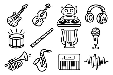 Obraz premium Musical instrument icons: modern linear style with ai dj and robot features