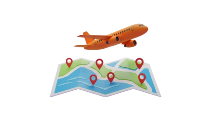 Orange Airplane Flying Over Map With Red Pins