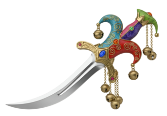 Ornate dagger with vibrant jester's cap embellishments and decorative bells, presented on a solid black background.