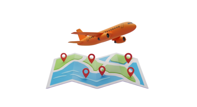 Orange Airplane Flying Over Map With Red Pins