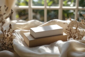Softly lit branding mockup with box on fabric, cozy and romantic vibe ideal for beauty or handmade product packaging