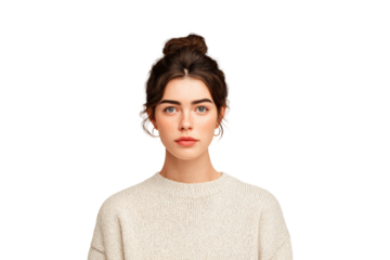 Young caucasian female with bun hairstyle and white sweater against black background, cut out