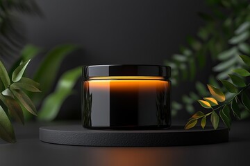 Black cosmetic candle jar mockup with warm glowing light on dark background surrounded by green tropical leaves for branding design