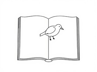 Bird sitting on open book in minimalist line art style  