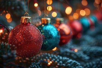 Christmas ornaments red bauble sparkling on decorated tree festive holiday lights bokeh background winter season traditional decoration joyful celebration