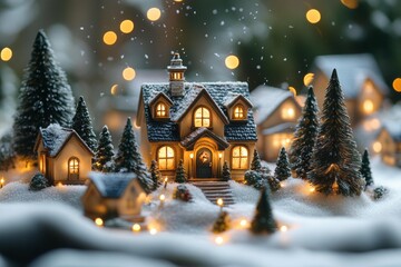 Miniature Сhristmas village houses glowing lights snow winter holiday scene cozy festive night traditional decoration magical atmosphere seasonal celebration advertising