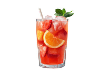 Refreshing strawberry orange iced drink with mint garnish in glass, cut out