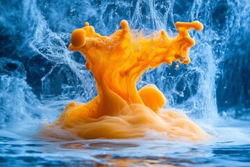 Orange ink swirling dramatically in blue water creating abstract artistic splash with flowing textures and dynamic contrast
