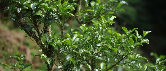Obraz premium Close-up of ancient Pu'er tea trees on misty mountain summit, highlighting organic tea cultivation
