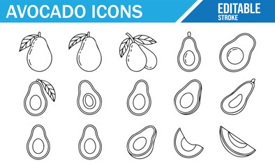 Set of Avocado Icons in Minimalist Style, Editable Stroke, Healthy Food and Fruit Design