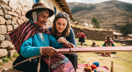 Local Andean woman teaching weaving to a young tourist, highlighting cultural heritage, tradition, and community exchange.