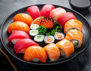 A large platter of various sushi rolls and nigiri