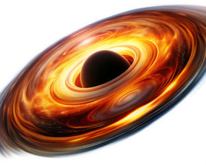 Intense swirling orange and yellow accretion disk around a hole space galaxy isolated on a transparent background
