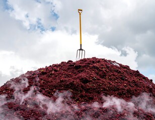 A large pile of dark red grapes or fruit, with a yellow shovel resting atop
