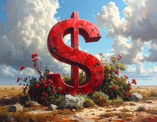 A large red dollar sign, weathered and rusted, sits amidst a desert landscape with vibrant red flowers
