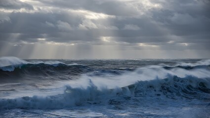 Obraz premium Stormy Ocean Waves Dramatic Sky Sun Rays Seascape