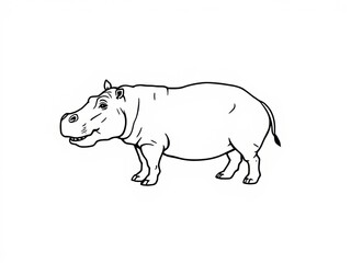 Cartoon hippo illustration in black and white outline style  