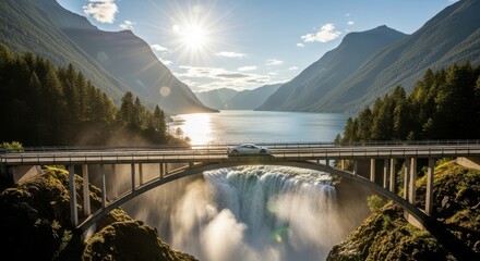 Majestic mountain lake landscape with bridge and lush forest reflections