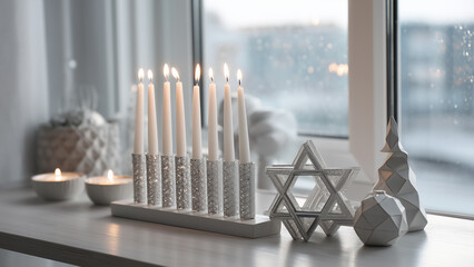 Modern Hanukkah Decor with Menorah and Candles - Days of the Dead Festival Inspired Interior
