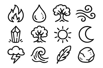 Fototapeta premium Hand drawn nature elements: fire, water, earth, air, sun, and moon icons collection