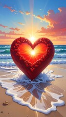 A large red heart on a beach at sunset